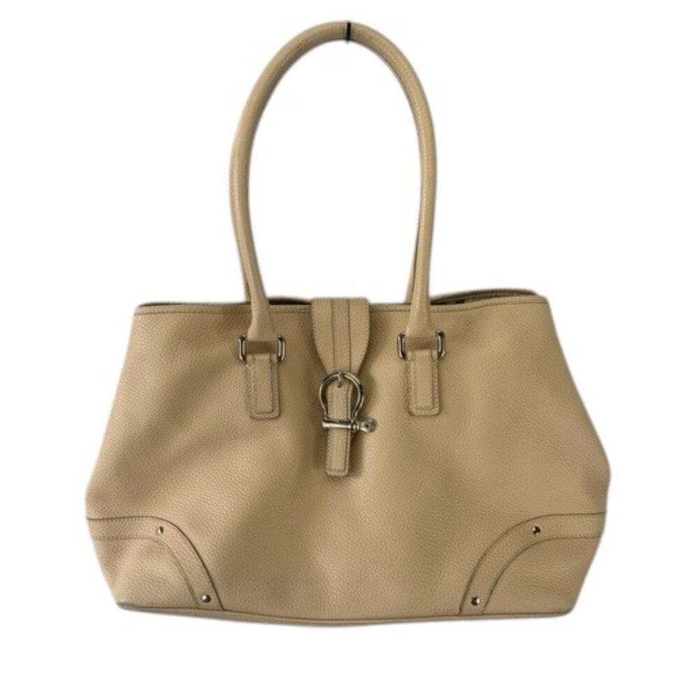 Burberry Pebbled Leather Shoulder Tote‎ Bag Womens M Beige Logo Purse Classic